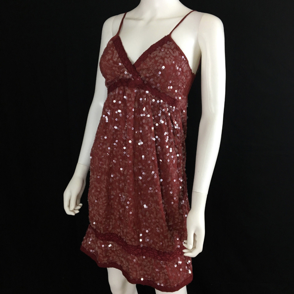 Wine Red Sequin Babydoll Silk Cotton Cocktai Dress